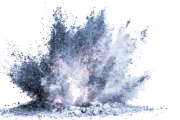 A dynamic explosion of fine grey powder against a stark white background, creating a dramatic and energetic visual effect.