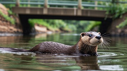African clawless otter swimming across shallow canal under footbridge