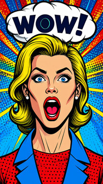 Custo pop art poster of a woman shouting with a speech bubble saying WOWm AI Model