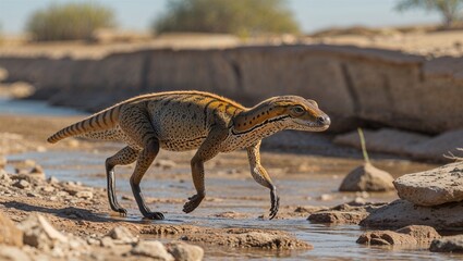Altiatlasius koulchii walking beside ancient riverbed exhibit