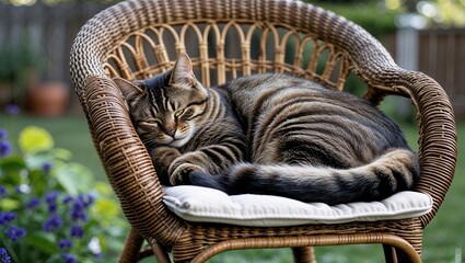American shorthaired cat curled up on wicker chair in backyard