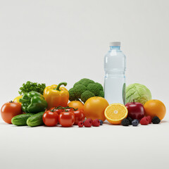 Healthy food and water bottle isolated on white background, fresh start lifestyle concept