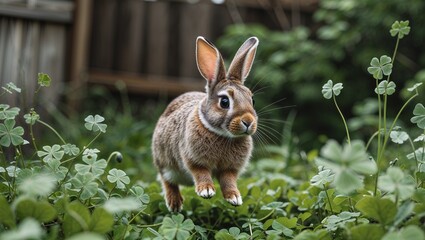 Angora rabbit hopping through backyard clover