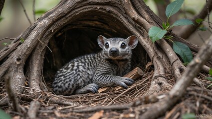 Angwantibo resting inside small shaded tree hollow