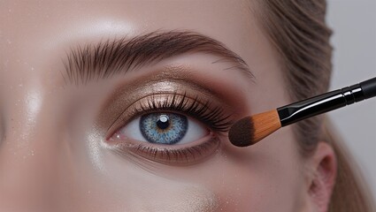 Applying shimmer pigment to eyelid with brush, palette tones and soft blending visible