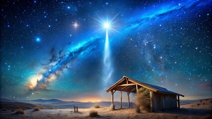 The star of bethlehem shines brightly over a humble stable in the desert, illuminating the night sky with a celestial glow and a trail of cosmic dust, symbolizing hope and divine guidance