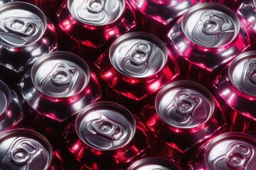 Abstract Array of Gleaming Red and Silver Beverage Cans from Above.