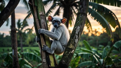 Aye-aye climbing tree beside banana grove at twilight