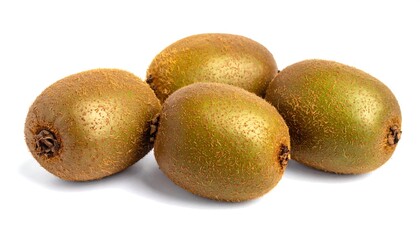 Four fresh kiwifruit are clustered together against a plain white background.