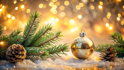 A festive christmas ornament, a pine cone, and a sprig of evergreen rest on a snowy surface, illuminated by warm, blurred bokeh lights in the background, creating a magical holiday atmosphere