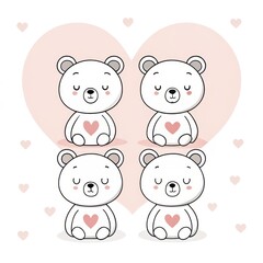 Naklejka premium Four cute polar bears with hearts isolated on white background
