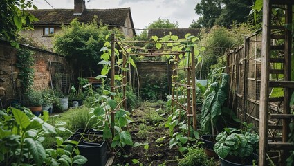 Backyard garden in village with bean trellis and overgrown weeds in side plot