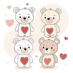 Cute teddy bears with hearts isolated on white background for valentines day