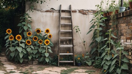 Backyard ladder leaning against wall with sunflowers and worn path nearby