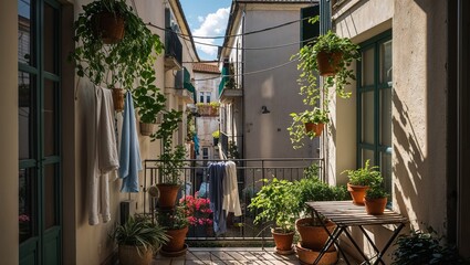 Balcony with hanging plants and laundry overlooking alley filled with shadows