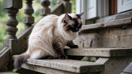 Balinese cat grooming on wooden stair outside country porch