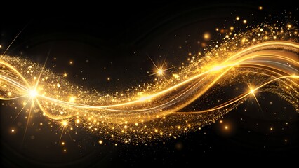 An abstract swirling wave of golden light and glittering particles against a dark background, creating a sense of energy, magic, and cosmic wonder
