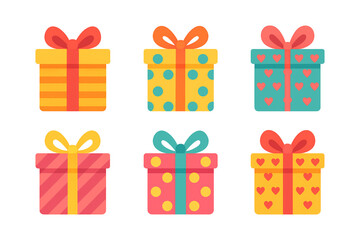 Set of 6 colorful gift box icons with bows in festive modern flat vector style