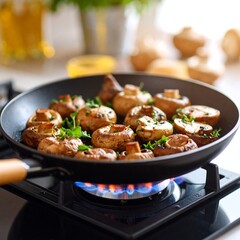 Roasted mushrooms in a pan over a gas stove (1)