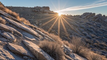 Bare slope catching angled sun across rocky outcrops and dry brush patches