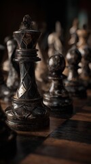 Intricate Dark Chess King and Pawn Macro Shot with Dramatic Lighting.