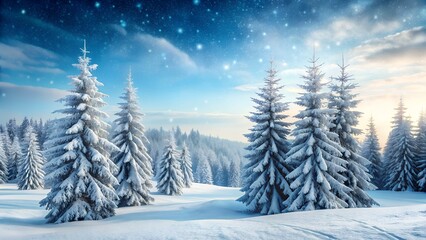 A serene winter landscape with snowcovered pine trees under a starry sky with falling snow and soft clouds, evoking a peaceful and magical atmosphere