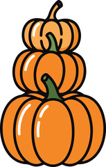 A vibrant illustration showcases three pumpkins meticulously stacked, the smallest atop the largest. Each pumpkin boasts a rich orange hue, accented by dark outlines and subtly reflective highlights. 
