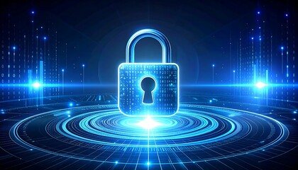 Digital security concept showcasing a glowing padlock, surrounded by light trails and data streams, symbolizing protection