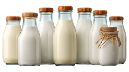 Milk bottles with corks arrangement on transparent png background