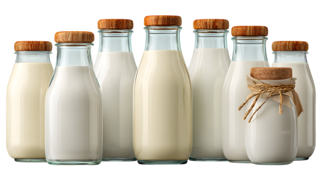 Milk bottles with corks arrangement on transparent png background