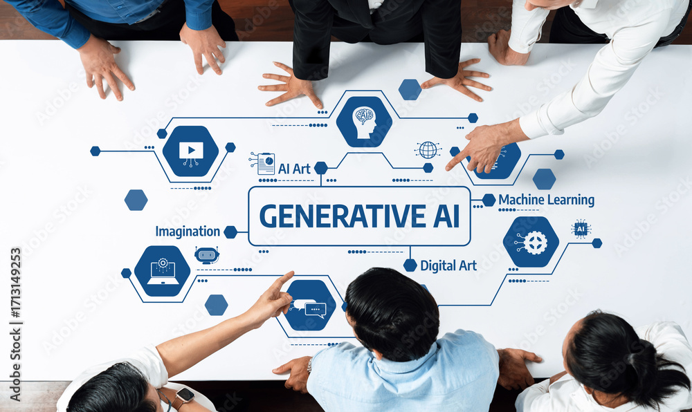 Aufkleber a group of professionals collaborates in a meeting, discussing generative ai concepts, emphasizing t