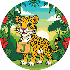 Smiling Cartoon Jaguar with the letter J in Jungle