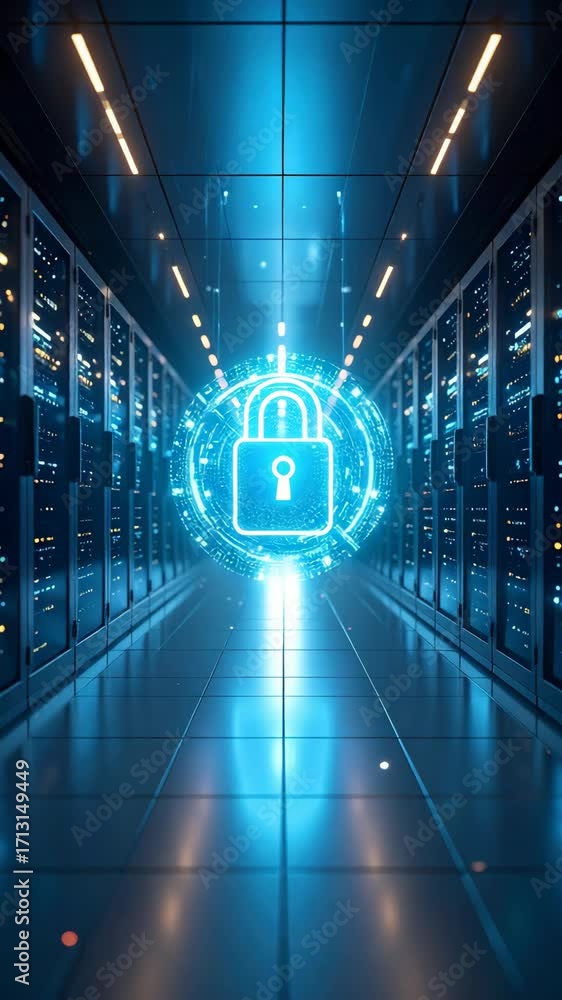 Poster data center hallway with rows of servers and a glowing blue padlock representing cybersecurity, secu