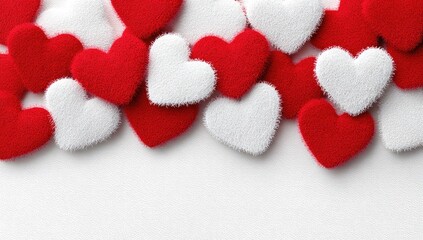 A captivating display of many fluffy red and white hearts, creating a heartwarming and romantic visual.