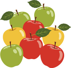 The illustration showcases a mix of red, green, and yellow apples, each with a glossy sheen and subtle texturing