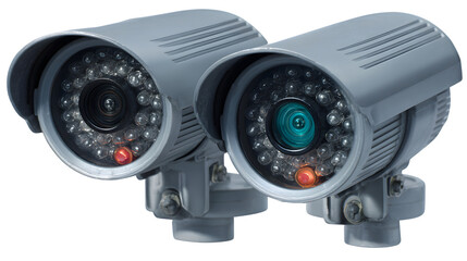 Two security cameras pointing forward on transparent png background