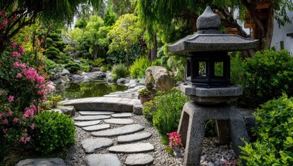 A serene Japanese garden path winds through lush greenery and a tranquil pond, illuminated by a grey stone lantern.