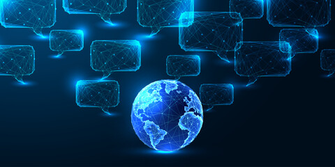 Global communication concept with Earth and speech bubbles, digital polygonal low poly vector style