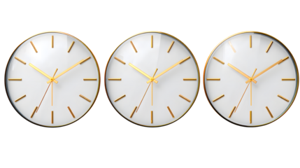 Three golden clocks timepieces on transparent png background