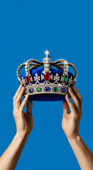 Hands holding a bejeweled crown against a blue background. A regal, premium studio shot filled with luxury and light.. Royal power, supreme authority, jeweled treasure.