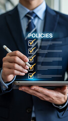 Business Professional Reviewing Digital Policies Checklist on Tablet