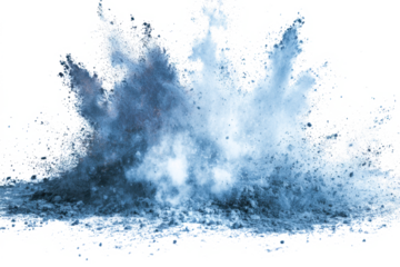 Explosion of blue powder, creating a dynamic and abstract cloud-like effect on a white background.
