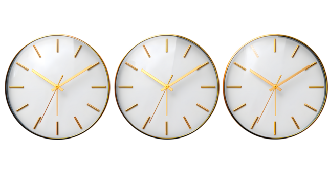 Three golden clocks timepieces on transparent png background