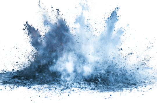 Explosion of blue powder, creating a dynamic and abstract cloud-like effect on a white background.