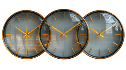 Three golden clocks timepieces on transparent png background