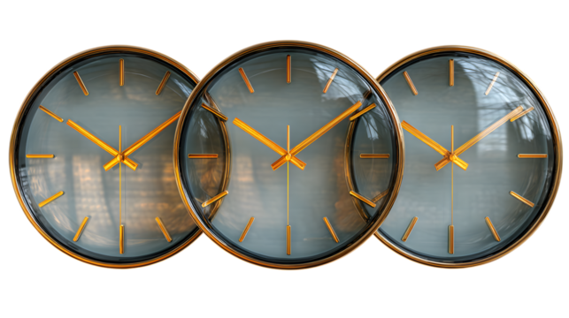 Three golden clocks timepieces on transparent png background