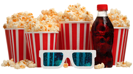 Popcorn soda and glasses still life on transparent png background