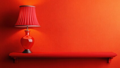 A red table lamp sits on a red shelf against a vibrant red wall, creating a bold and stylish interior design scene.