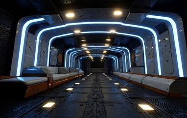 Obraz premium Futuristic spaceship corridor with blue neon lights and seating