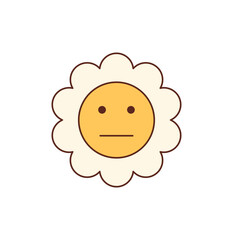 Retro groovy flower sticker in cartoon graphic style with a fun yellow smiley face creates a cute groovy element. Fun y2k vibe and cheerful motif, ideal for playful sticker labels or bright retro